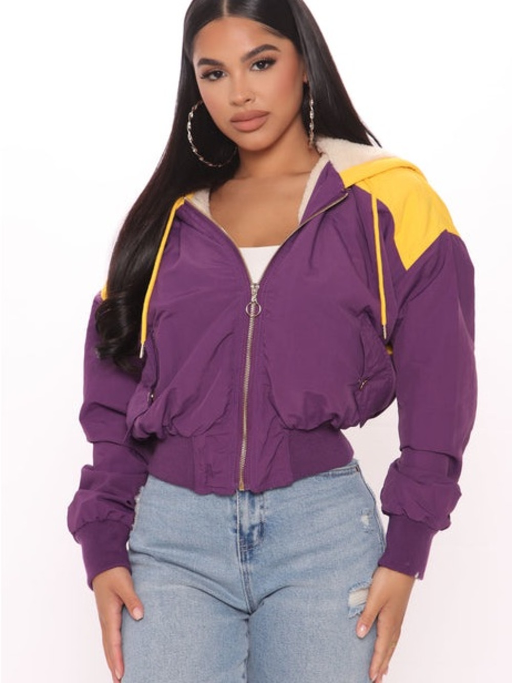 Women's Purple & Yellow “legend” Hooded Bomber Jacket fashion nova 1x